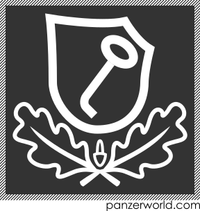 Light colored figure of a shield with is top right corner cut off, and a key in the field. Below the shield is an acorn at the center and two oak leaves pointing upwards to each side.