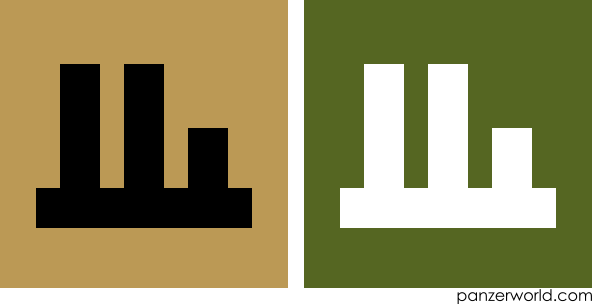 Three parallel vertical lines, the right one half the height of the other two, with a horizontal line running along their bottom end and extending slightly to either side. Both a black-on-khaki and a white-on-green variant are shown.