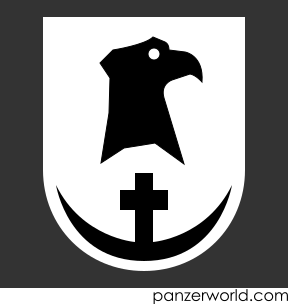 Figure of a white shield with a black figure of the silhouette of a black eagle's head above cross at the center of a half-moon oriented horizontally so that its tips point upwards.