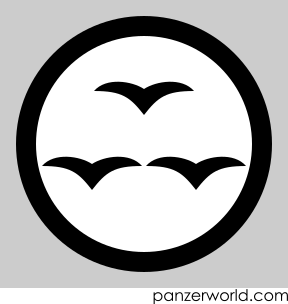 Black circle with white fill. In the circle are three stylized wing silhouettes.