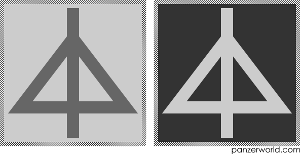 Outline triangle pointing upwards with a vertical line across its center. Both a dark-on-light and a light-on-dark variant are shown.