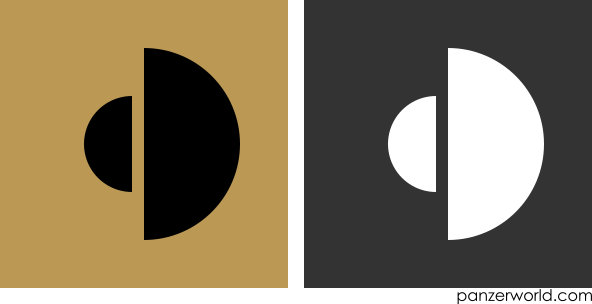 Figure of the right half of a disc with the left half of a disc half its side to its left. Both a black-on-khaki and a white-on-gray variant are shown.