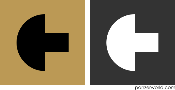 Figure of the left half of a disc with a square a third the hight protruding to the right from the center of the half disc. Both a black-on-khaki and a white-on-gray variant are shown.