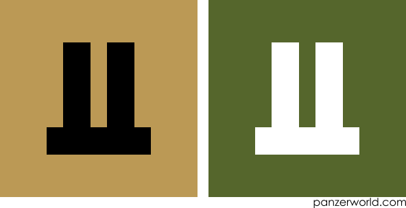 Two parallel vertical lines with a horizontal line running along their bottom end and extending slightly to either side. Both a black-on-khaki and a white-on-green variant are shown.