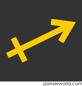 Yellow arrow pointing upwards and to the right, with a cross stroke at its tail end.