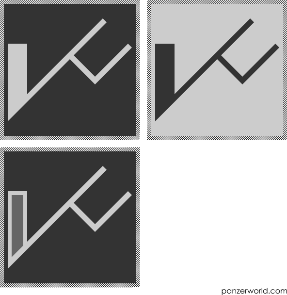 Variations of a figure of a short, thick vertical line from the bottom of which a thin line extends diagonally upwards and to the right. From below the middle of the thin line, another line extends perpendicularly downwards, at the end of which it extends upwards again in parallel with the first thin line.