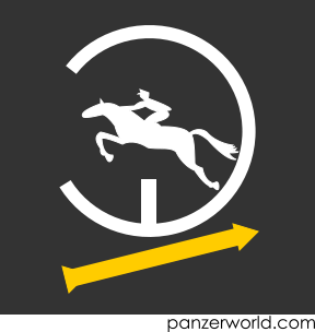 White figure of a horse with a jockey jumping over over an obstacle in a semicircle. Below is a yellow arrow pointing right and slightly upwards.