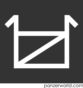 White figure of a rectangle with a diagonal line from the bottom left to the top right corner. At both top corners extends a short vertical line, from the top of which are diagonal lines pointing downwards.