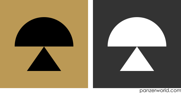 Figure of the top half of a disc with a triangle pointing upwards centered below it. Both a black-on-khaki and a white-on-gray variant are shown.