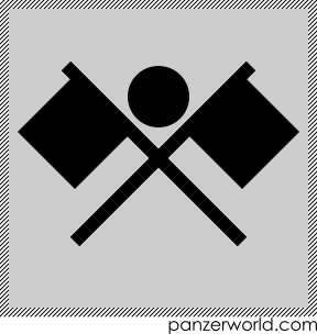 Two square flags on flagpoles angled away from each other at 45 degrees, the poles crossing at the middle, the flags at the top and facing away from each other. Between the upper parts of the poles is a disc.