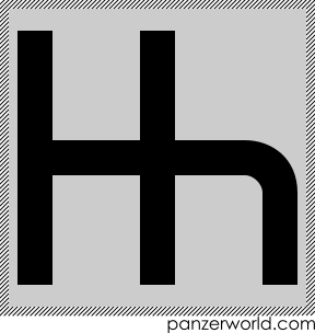 Black figure of three vertical, parallel lines, with a third horizontal line across their middle and extending to the right, bending downwards to a vertical line.