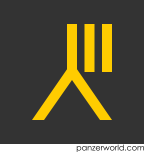 Yellow, inverted capital Y with two vertical lines half its height to its top right.