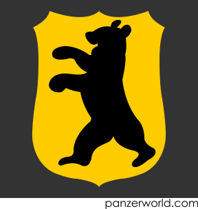 Silhouette of a standing black bear facing left on a yellow shield.