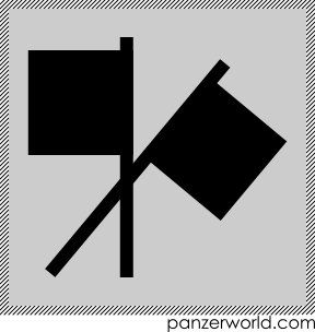 Two square flags on flagpoles, the left vertical and the right angled away at 45 degrees, the poles crossing at the middle, the flags at the top and facing away from each other.