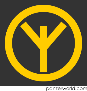 Yellow figure consisting of a circle inside which is figure of a vertical line with two lines protruding diagonally upwards to either side from its midpoint.