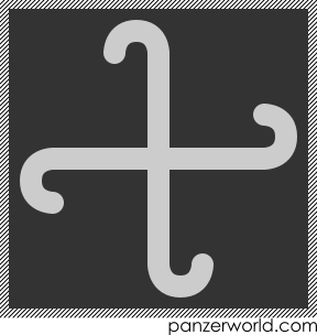 Light colored reversed swastika with curved arm ends.