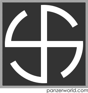 White swastika with curved arms.