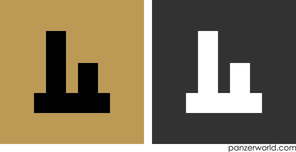 Two parallel vertical lines, the right one half the height of the other, with a horizontal line running along their bottom end and extending slightly to either side. Both a black-on-khaki and a white-on-gray variant are shown.