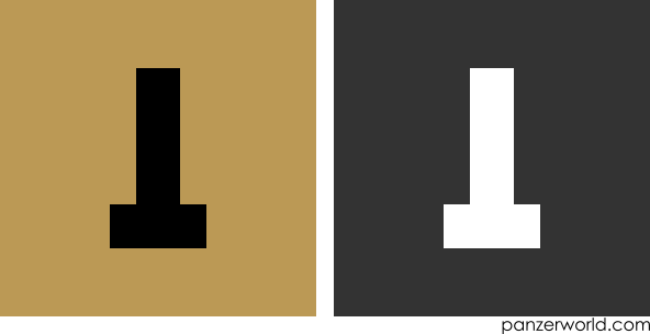 Vertical line with a horizontal line at its bottom, extending slightly to either side. Both a black-on-khaki and a white-on-gray variant are shown.
