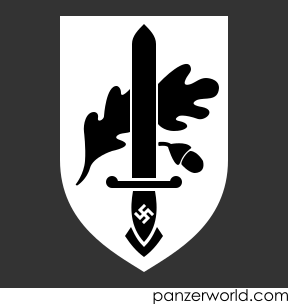 White shield with a black figure of a vertical black medieval sword with a swastika on its grip on top of an oak leaf and acorn.