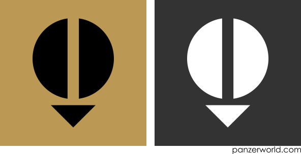 Black figure of a disc with a gap running through vertically. At the bottom is a triangle pointing downwards.