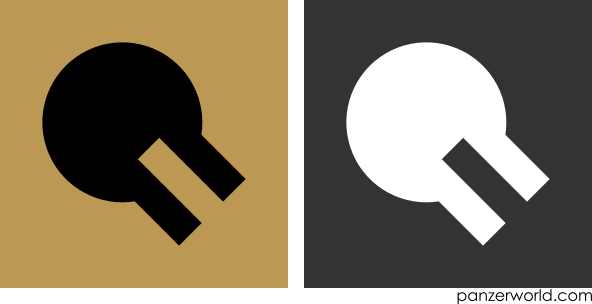 Disc with two parallel lines pointing from the disc downwards to the right, with a gap in the disc between the two lines. Both a black-on-khaki and a white-on-gray variant are shown.