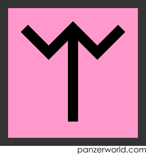 Black figure of a W with a vertical line extending downwards from the center on a pink square.