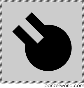 Disc with two parallel lines pointing from the disc upwards to the left, with a gap in the disc between the two lines.