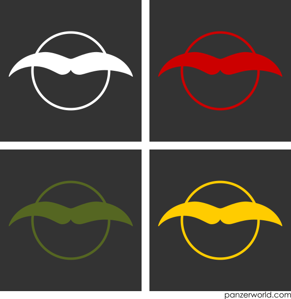 Four figures, each of a circle with a pair of wings, in the colors white, red, green, and yellow.