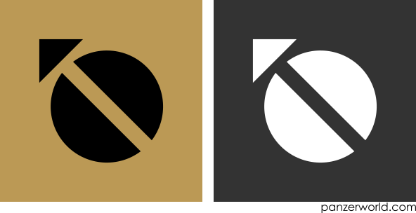 Figure of a disc with a gap running through at a 135 degree angle. At the top left corner is a triangle pointing towards the top left. Both a black-on-khaki and a white-on-gray variant are shown.