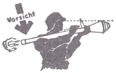 Visual description of how to aim, and an indication to watch the rear end of the barrel when firing.